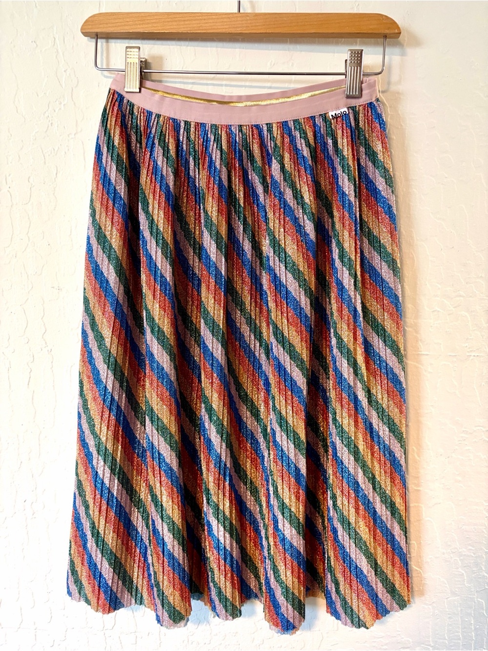 Molo Girls' Metallic Multicolor Diagonal Stripe Pleated Midi Skirt